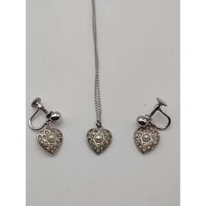 Vintage Sterling Heart Necklace & Screw Back Earrings Set